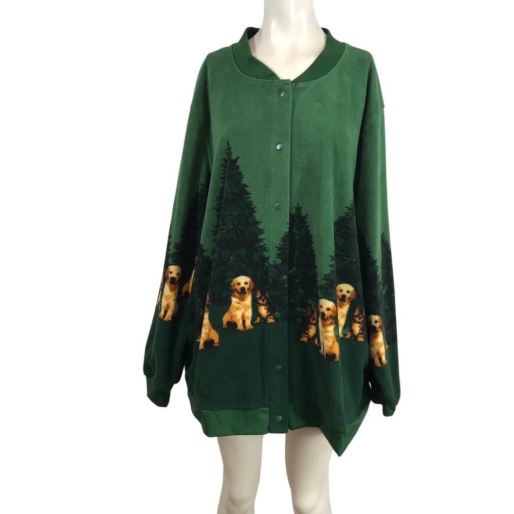 Blair Green Fleece Golden Retriever Dog Pine Tree Snap Front Jacket Womens 3XL